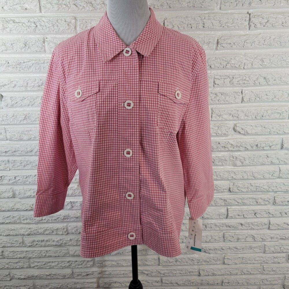 Alfred Dunner Pink Gingham Blazer Jacket 16 Women Checked 3/4 Sleeve SWE134E